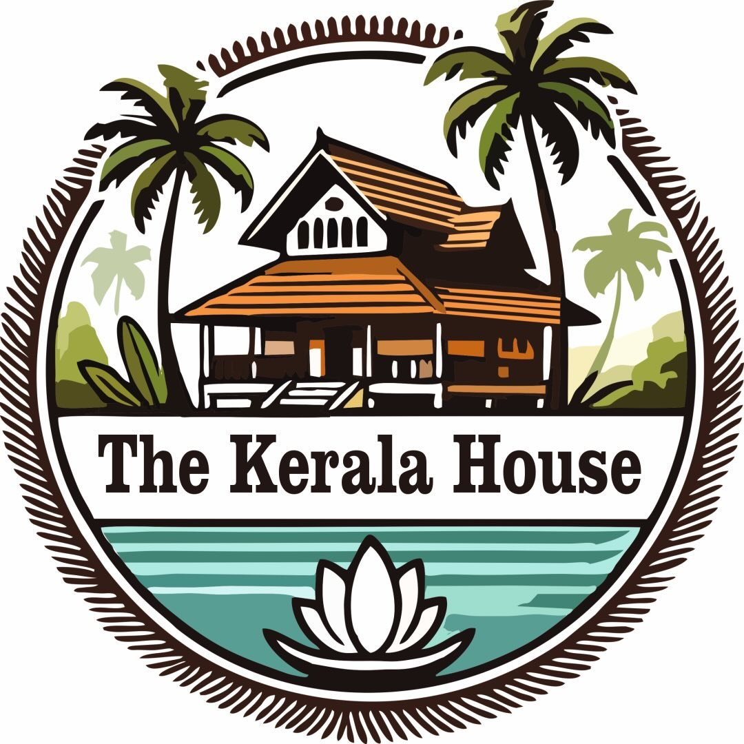 The Kerala House logo featuring a traditional Kerala house, coconut palms, water, and lotus